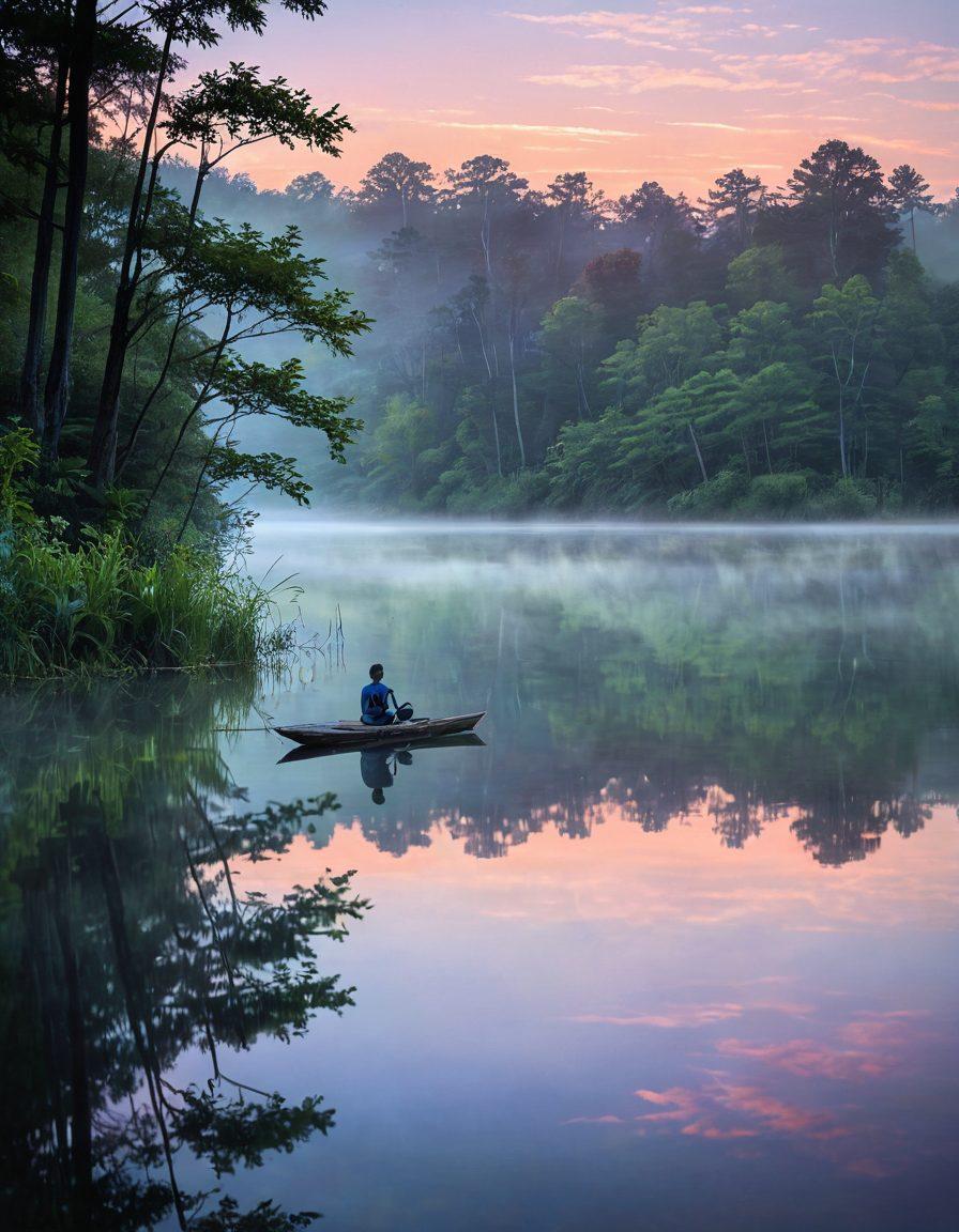 A serene dawn landscape featuring soft pastel colors in the sky, with gentle sunlight breaking over a calm lake surrounded by lush greenery. Include a silhouette of a meditating figure near the water's edge, exuding tranquility. Add subtle mist rising from the lake, enhancing the peaceful atmosphere. impressionistic, soft focus, vibrant colors.