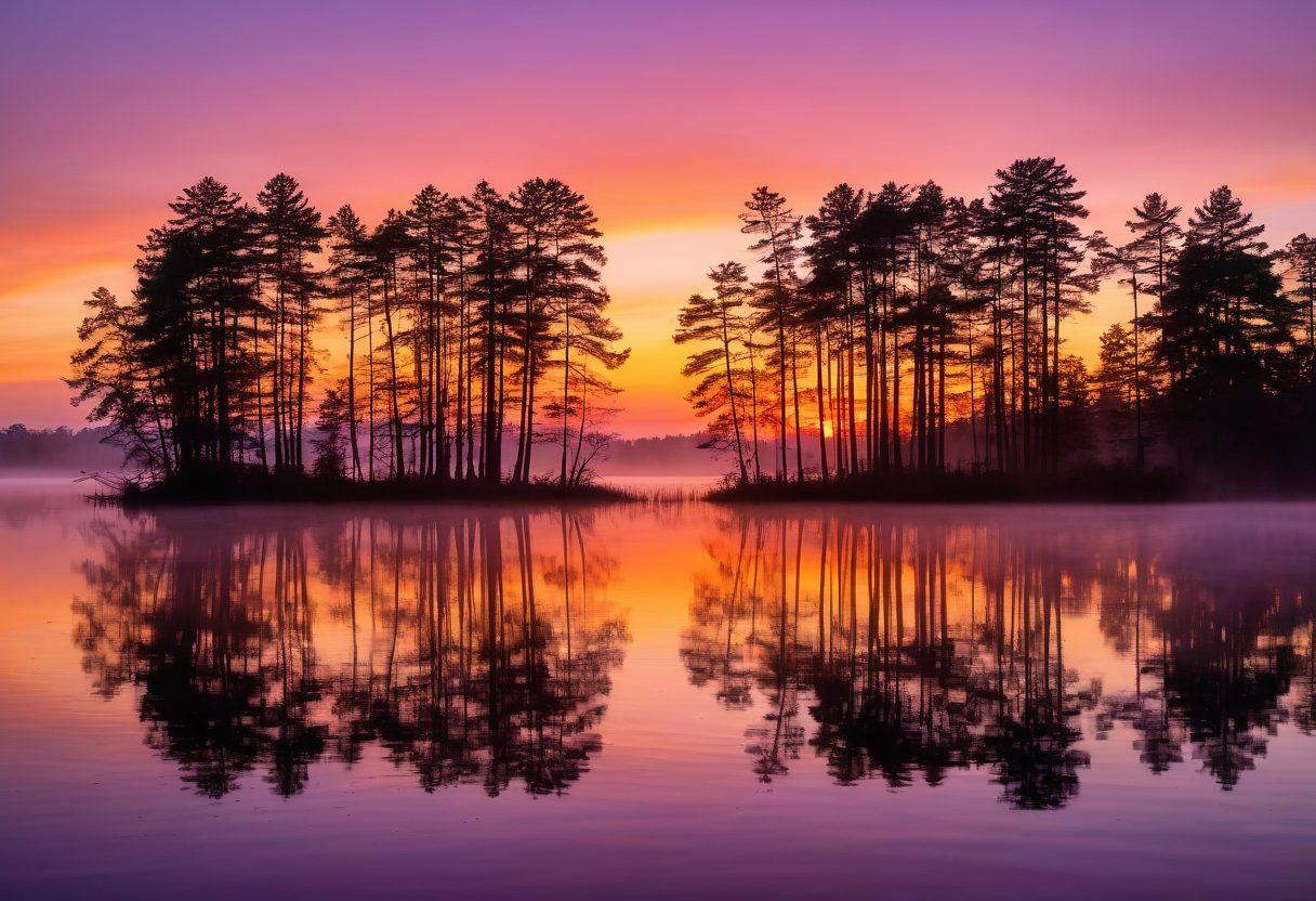 A breathtaking sunrise over a calm lake, with vibrant shades of orange, pink, and purple reflecting on the water. Silhouettes of trees frame the scene, while delicate mist hovers above the surface. Incorporate birds soaring in the sky to evoke a sense of freedom and new beginnings. super-realistic. vibrant colors. tranquil atmosphere.
