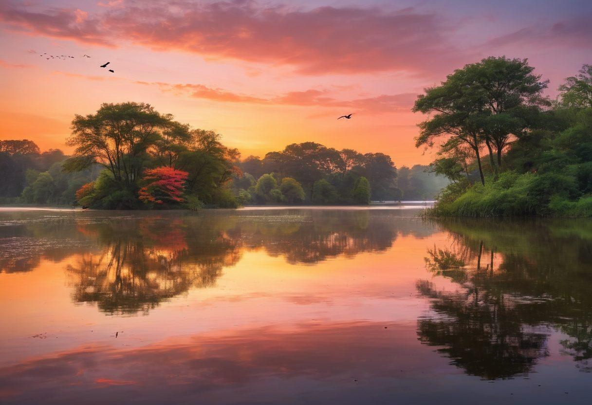 A serene landscape at sunrise, showcasing vibrant orange and pink hues in the sky, with soft golden sunlight illuminating a tranquil lake surrounded by lush green trees. Silhouettes of birds can be seen flying across the horizon, adding a sense of movement. Delicate flowers bloom in the foreground, enhancing the beauty of the scene. super-realistic. vibrant colors. peaceful atmosphere.